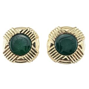 14K Yellow Gold and Carved Soldier Green Onyx Omega Back Earrings #20023
